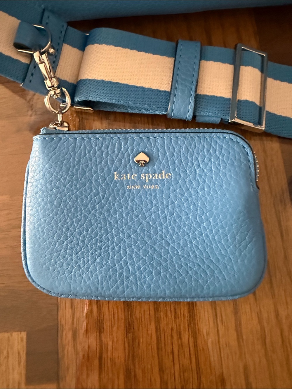 kate spade Bright Blue Pebbled Leather Shoulder Bag with Stripe Strap - Picture 2 of 8